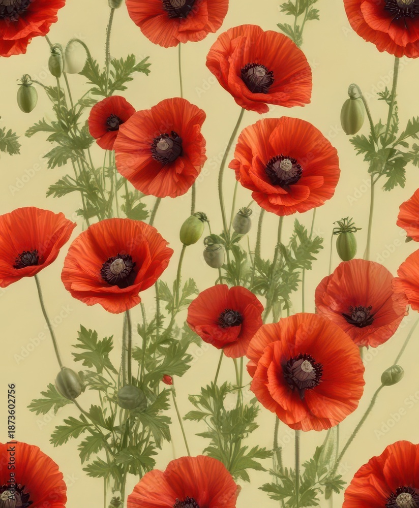 Obraz premium A cluster of red poppies in various stages of bloom against a pale yellow background , , poppy