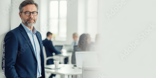 Successful success mature businessman man confidence looking portrait entrepreneur office business office, confident male leader standing bright workplace with colleagues working background