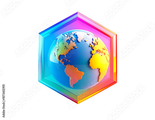 Vivid Earth globe icon inside a colorful, transparent hexagonal frame