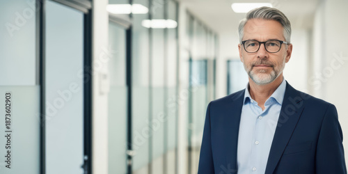 Successful success mature businessman man confidence looking portrait entrepreneur office business office corridor background natural light professional workplace modern corporate interior glass