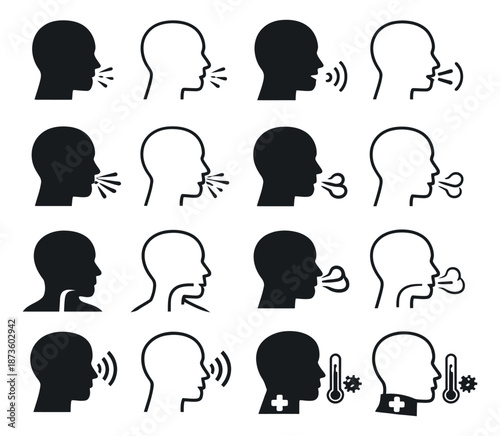 Silhouette and line art health icon set featuring human head profiles depicting various symptoms and actions for medical and communication purposes