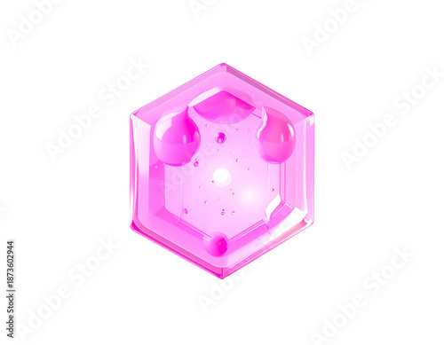 A glowing, pink hexagonal jewel with internal liquid droplets against black