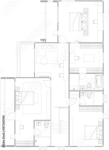 Second Floor Residential Interior Layout with Master Bedroom, Walk-in Closet, Bathroom, Medium Bedroom and Family Zone