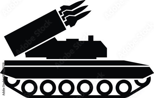Silhouette missile tank launching rockets, armored military vehicle icon for defense technology, battlefield artillery support, war equipment illustration, combat tactical system