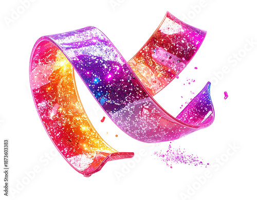 Colorful ribbon swirls in a gradient with sparkles and a dark backdrop