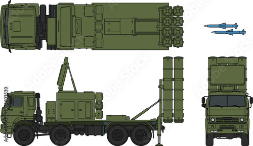 Surface-to-air missile launcher vehicle illustration, multi-view military air defense system, tactical transporter with vertical launch canisters, radar module and support equipment
