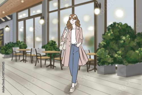 カフェ前をスマホを見ながら歩く女性