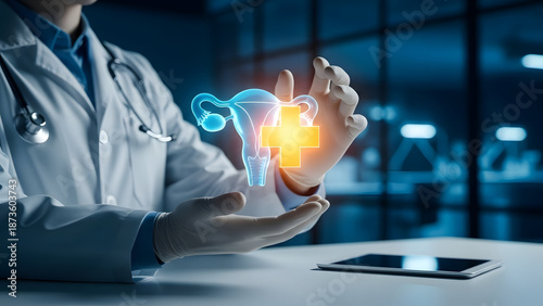 Doctor hand holding glowing uterus hologram with medical cross icon for gynecology and women's reproductive health concept