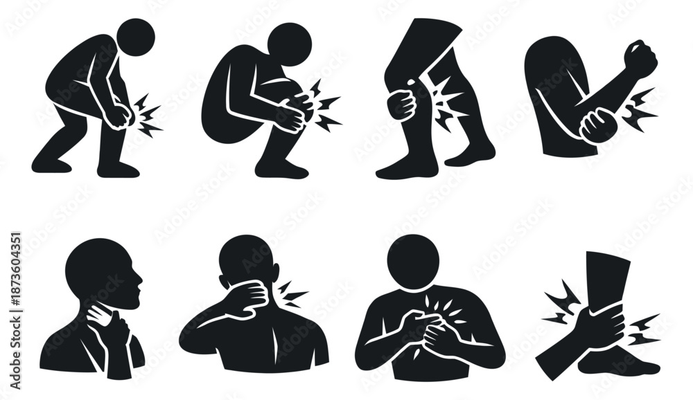 Obraz premium Silhouette icons set featuring people with knee, elbow, neck, chest, and ankle pain for medical diagrams and health awareness