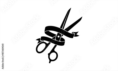 Stylized Scissors with Ribbon Graphic Design Element.