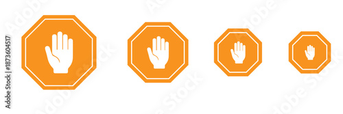 Stop Hand Octagon Icons – Set of Flat Safety Signs with Black and White Hands in Traffic Symbol Style