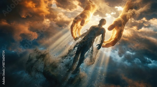 Gods hand creating man from dust in the sky, symbolizing the genesis of humanity. Religious concept of creation for spiritual content.