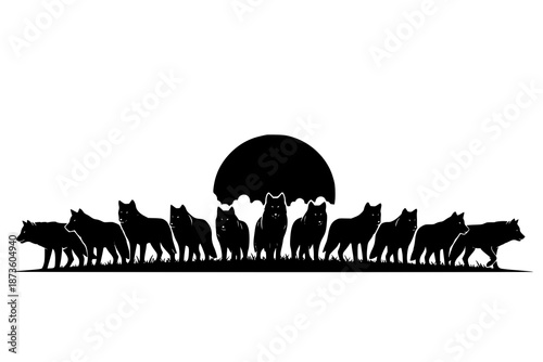 Silhouette of wolves walking in a line at sunset