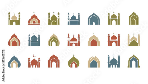 Modern Minimalist Mosque Icon Collection, Islamic Architecture Vector Set for Ramadan Kareem and Eid Mubarak, Elegant Dome Design in Earth Tone Colors