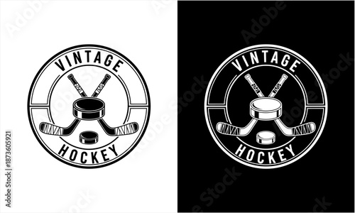 Vintage Hockey Emblem Design with Crossed Sticks and Puck in a Circular Frame.