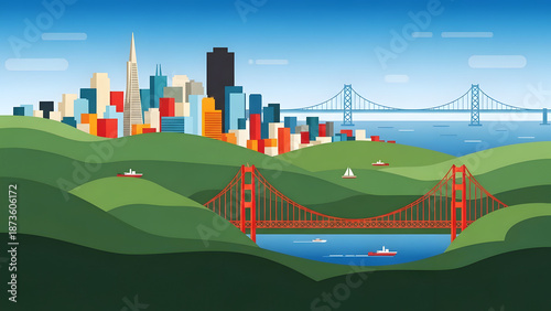 Vibrant San Francisco urban landscape postcard vector illustration showcasing steep coastal hills, iconic suspension bridges, and minimalist flat solid color geometric architecture skyline design