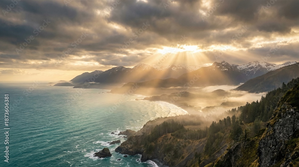 Fototapeta premium Scenic mountain and ocean landscape with sun rays illuminating the misty coast and majestic peaks. Natural beauty for travel and discovery.