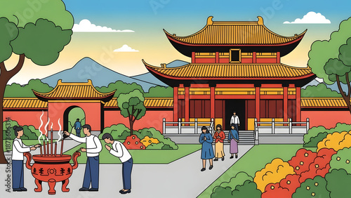 a person on a visit to a traditional Taoist temple within a peaceful cultural landscape with oriental architecture and spiritual atmosphere