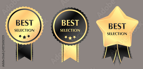 Luxury gold and black Best Selection medal and star badge set. Elegant metallic awards with ribbons and lace edges for premium product ranking, quality certification, and corporate excellence.