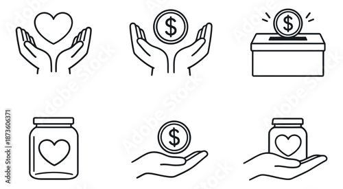 Line art charity and donation icon set featuring hands holding hearts and money, donation boxes, and jars for philanthropic initiatives