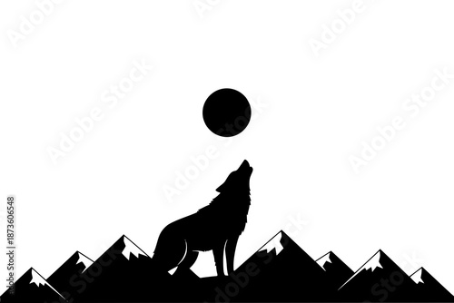 Silhouette of wolf howling at full moon over mountains