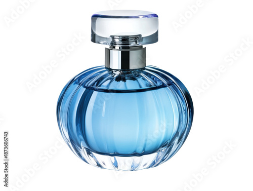 Blue perfume bottle on transparent background