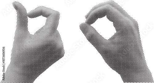 Hands forming circular shapes with fingers against a plain white background,Retro halftone doodle hand illustration with dotted pattern texture, vintage grunge punk arm collage,