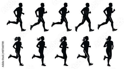 Running people silhouette set representing fitness motion jogging training and dynamic human movement sequence