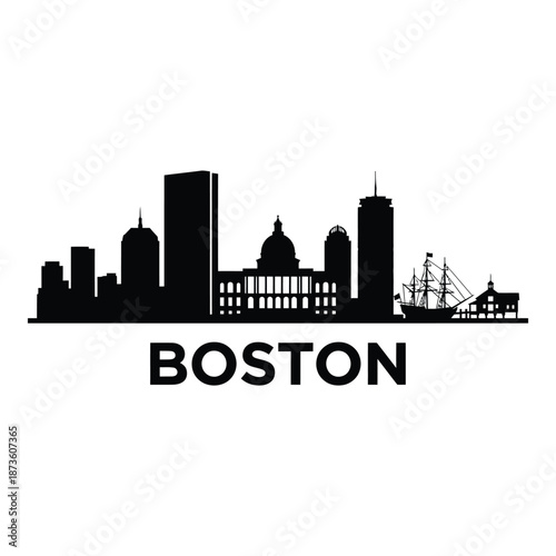 Boston skyline silhouette with iconic buildings and a historic sailing ship
