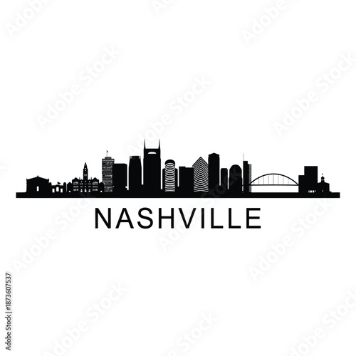 A striking black silhouette of the nashville skyline with city name