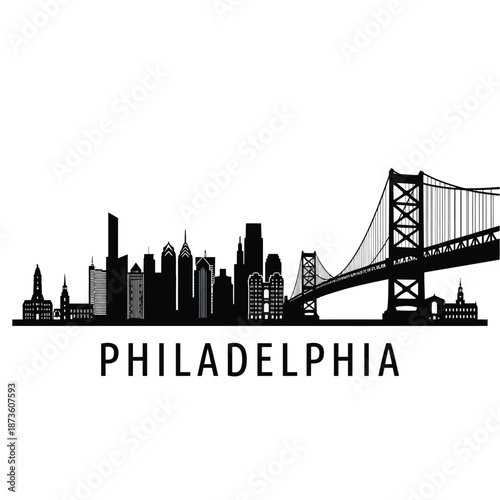 Philadelphia skyline silhouette featuring the ben franklin bridge and city