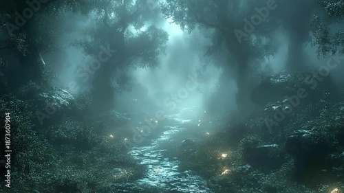 Wallpaper Mural Misty forest path with glowing lights at dusk Torontodigital.ca