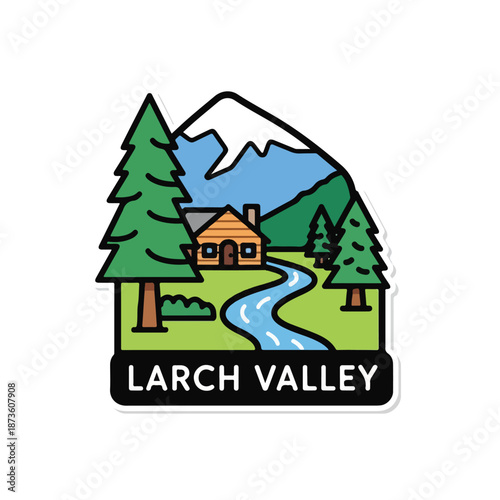 A cartoon landscape with a house, trees, and stream