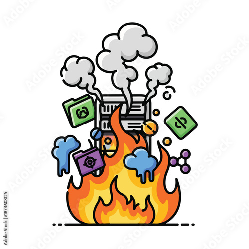 A cartoon illustration of a burning computer with smoke and flames