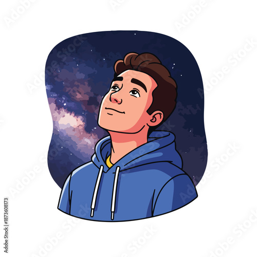 A cartoon man in a blue hoodie looking up at the night sky