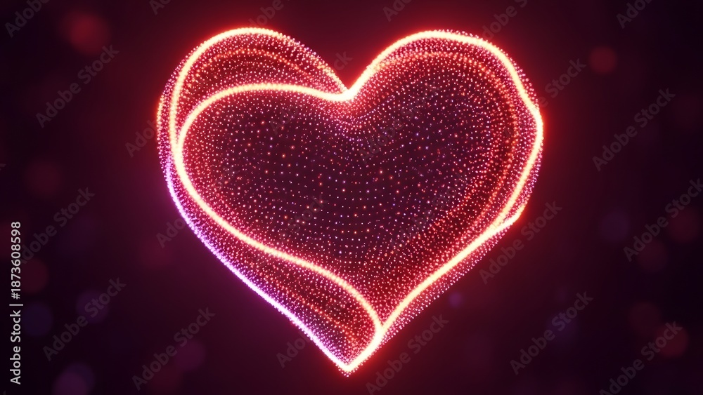 Fototapeta premium Glowing neon heart shape made of tiny lights on dark background