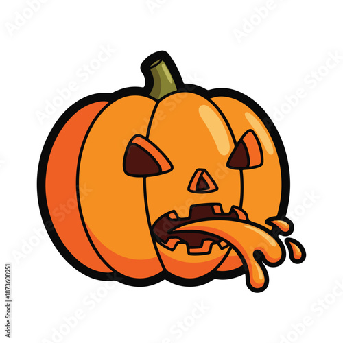 A cartoon pumpkin with a spooky face and gooey insides
