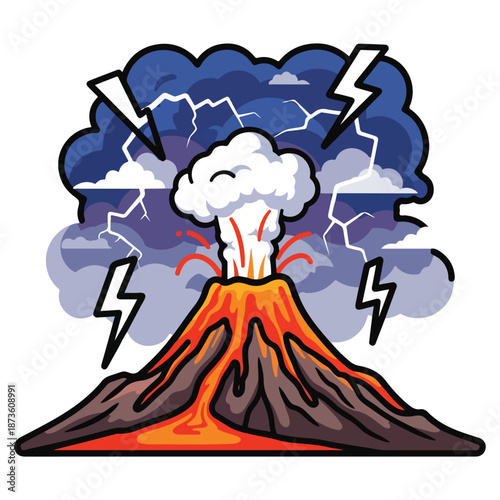 A cartoon volcano erupting with lightning