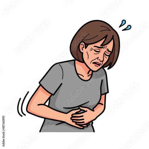 A cartoon woman clutching her stomach