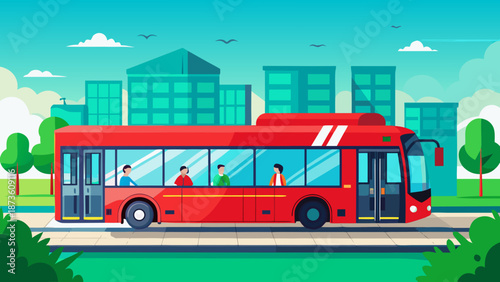 Vector illustration of red city bus at bus stop on green urban background, passengers boarding and exiting, public transport scene