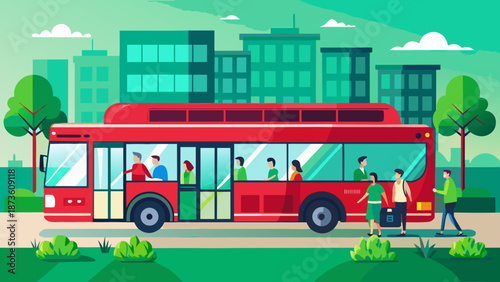 Vector illustration of red city bus at bus stop on green urban background, passengers boarding and exiting, public transport scene