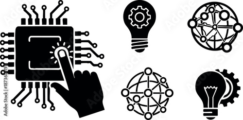 Technology icons featuring microchip, hand touch, light bulb, and network connections in simple vector design