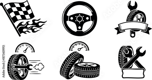 Racing car steering wheel, speedometer, tire and wrench service vector icons collection of automotive parts and motorsport elements