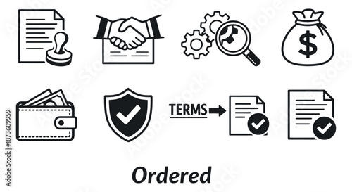 Outline business and finance icons set featuring documents, handshake, money, and security symbols for web design and applications