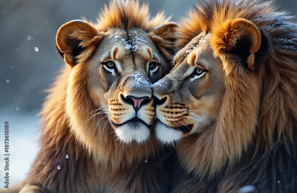 Fototapeta premium Two lions nuzzle closely with snow on their faces. Majestic big cats share tender moment together during cold winter day in natural habitat.