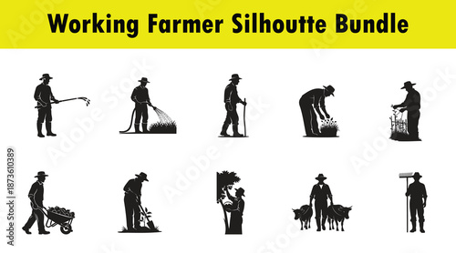 Farmer silhouettes engaged in various agricultural tasks