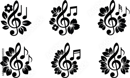 Music notes and treble clef floral vector icons with leaves and flowers in black silhouette design