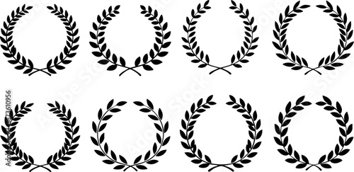 Laurel wreath vector set with eight different circular leaf designs for decoration and awards