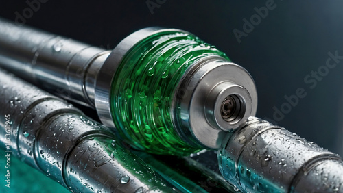 Industrial Precision Component with Green Glass and Stainless Steel, Close-up of Filtration Valve with Water Droplets on Pipes