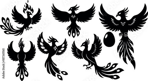 Black phoenix bird silhouettes with flames and feathers vector set design for mythical and fantasy themes